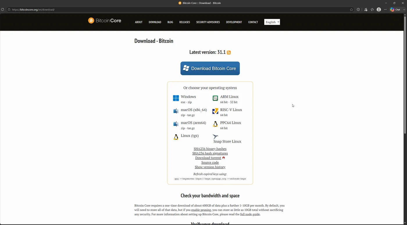 ภาพหน้าจอหน้าดาวน์โหลดของ bitcoincore.org แสดงเวอร์ชันล่าสุด 31.1 ปุ่มดาวน์โหลดสำหรับวินโดวส์ และรายการระบบปฏิบัติการอื่นให้เลือก