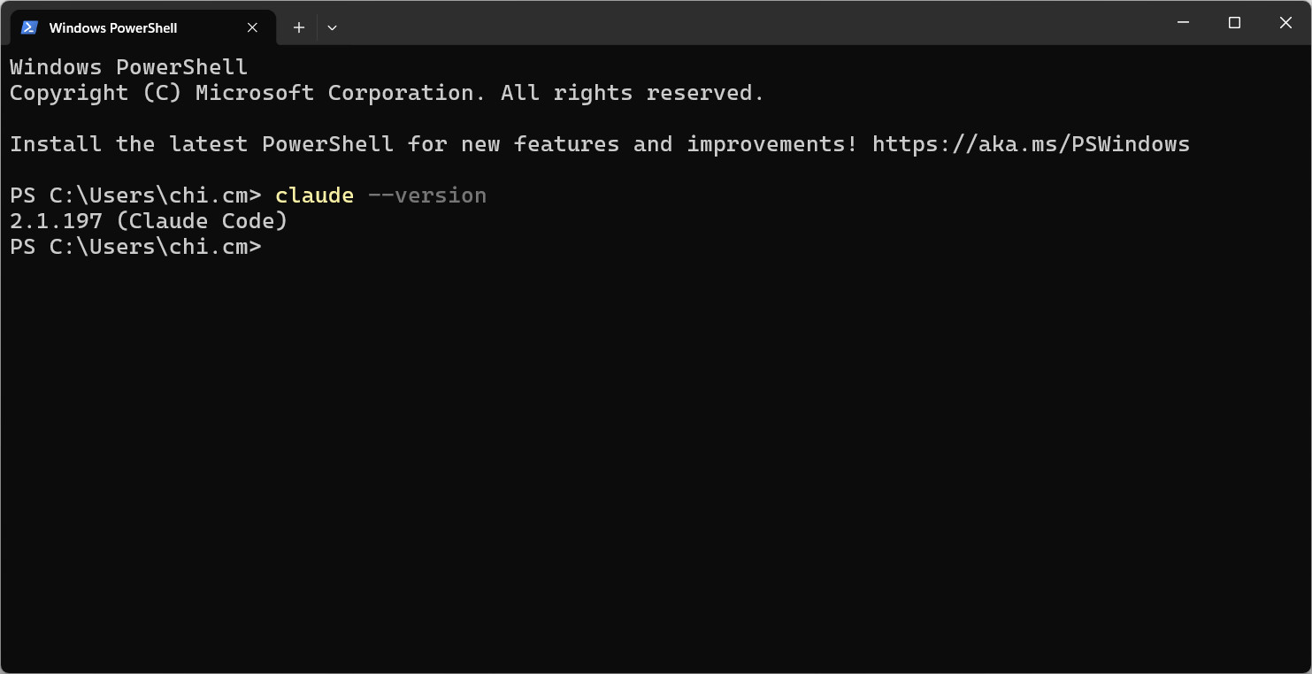รัน claude --version ใน Windows PowerShell แล้วขึ้นเลขเวอร์ชัน 2.1.197 (Claude Code)